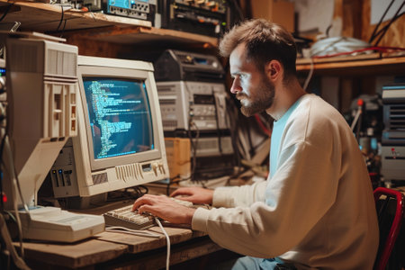 Computer Engineer Programming On Old Desktop Computer In Retro Garage. Experienced Software Developer Writing Code.の素材