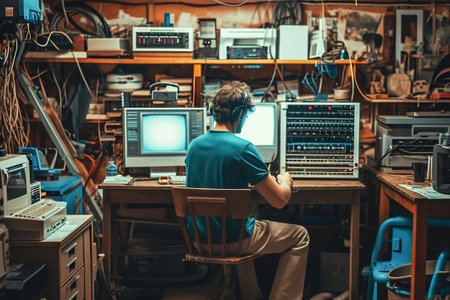 Computer Engineer Programming On Old Desktop Computer In Retro Garage. Experienced Software Developer Writing Code.の素材