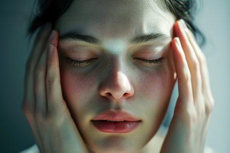 VFX the headache Pain Augmented Reality Animation. Massaging the head to Ease the pain. Close Up of a person Experiencing Discomfort in a Result of headache.の素材