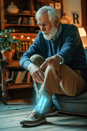 Massaging and Stretching the leg to Ease the Injury. VFX Leg Pain Augmented Reality Animation. Senior Male Experiencing Discomfort in a Result of Leg Trauma or Arthritis.の素材