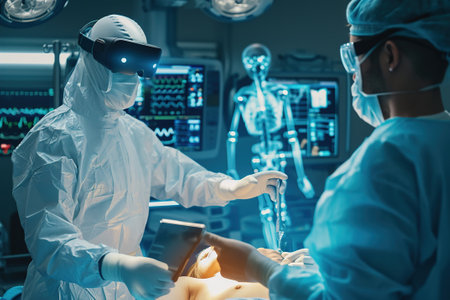 Doctors Working With Robotic Limbs. Surgeon Wearing AR Headset And Using High-Precision Remote Controlled Robot Arms To Operate On Patient.の素材