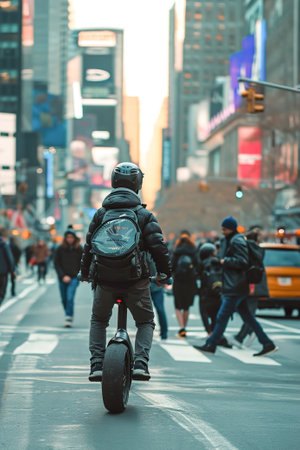Man with Electric Unicycle on a city busy street.の素材