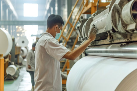 Paper production factory, machinery for pulping, refining, and forming paper. Workers operate equipment.の素材