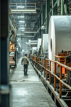 Paper production factory, machinery for pulping, refining, and forming paper. Workers operate equipment.の素材