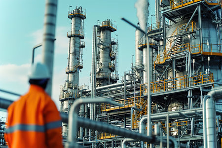 Petrochemical refining factory, complex equipment like distillation units and catalytic crackers to transform crude oil into valuable chemicals. Workers operate and maintain machinery.の素材