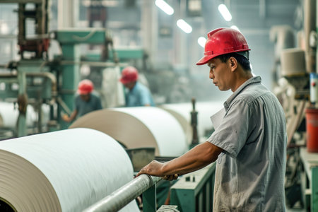 Paper production factory, machinery for pulping, refining, and forming paper. Workers operate equipment.の素材