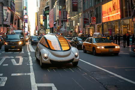 Solar-Powered Vehicle: Transportation powered entirely or partially by solar energy, travel on a big city busy street.の素材