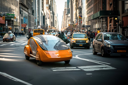 Solar-Powered Vehicle: Transportation powered entirely or partially by solar energy, travel on a big city busy street.の素材