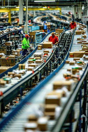 Online order fulfillment center house, automated conveyor systems, storage racks, and packing stations. Workers pick and pack items for customer orders.の素材