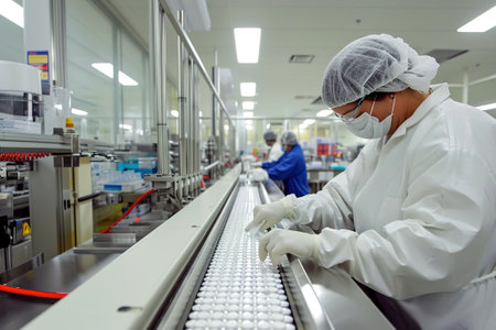 Pharmaceutical packaging facility, workers operate advanced machinery to package and label medications.の素材