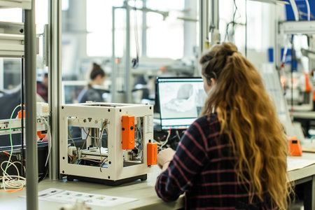 A 3D printing prototype factory, advanced 3D printers, design software, and material storage. Workers create prototypes by programming printers.の素材