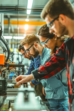 Workers prototyping new electronic gadgets in a factory, specialized equipment, 3D printers, circuit assembly stations, and testing facilities.の素材