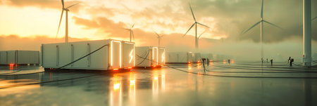 Close-up of innovative battery technologies against a backdrop of wind turbines, synergy between renewable energy sources and storage solutions in a power system.の素材