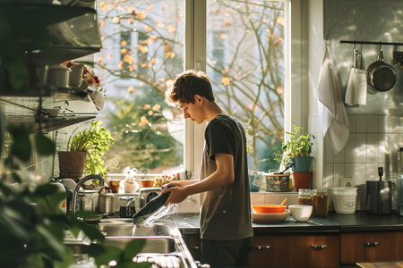 A young man washes the dishes in a spacious bright kitchen with a window.の素材