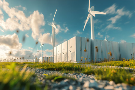 Close-up of innovative battery technologies against a backdrop of wind turbines, synergy between renewable energy sources and storage solutions in a power system.の素材