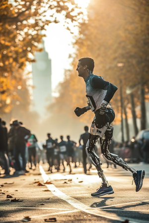 An individual with bionic legs confidently participating in a marathon, biomechanical enhancements on mobility.の素材