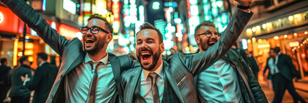 Cheerful groom and friends enjoying a night out in neon-lit city streets, energetic bachelor party.の素材