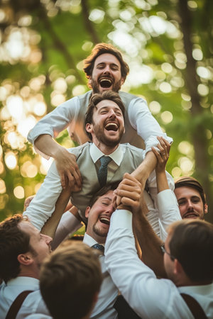 Whimsical bachelor party moment as the groom is hoisted on shoulders by friends in a rustic setting.の素材