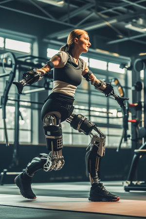 A person with bionic limbs engaging in a high-intensity workout, adaptability of biomechanical enhancements in active lifestyles.の素材