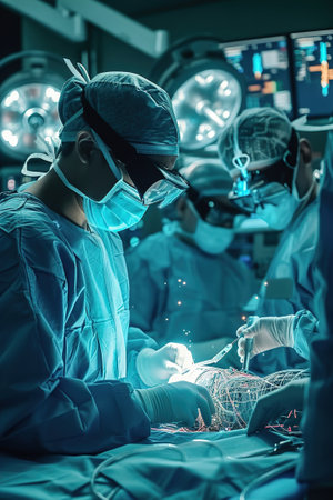 A futuristic medical setting where a surgeon is performing a bionic surgery with special equipment.の素材