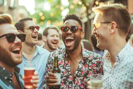 Group of buddies raising a toast during a lively bachelor party at a beachside bar.の素材