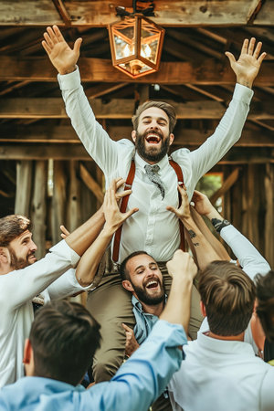 Whimsical bachelor party moment as the groom is hoisted on shoulders by friends in a rustic setting.の素材