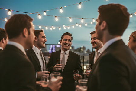 Bachelor party vibes with the groom and pals in a rooftop bar, enjoying panoramic views and laughter in the night of jubilation.の素材