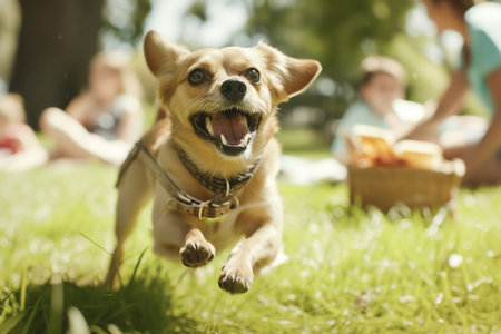 A family picnic turns into a comedic spectacle, with a playful dog.の素材