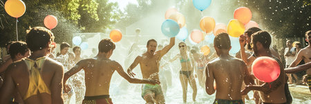 Spontaneous water balloon fights in the summer, outdoor gathering, purest form of laughter and leisure. Water splashes.の素材