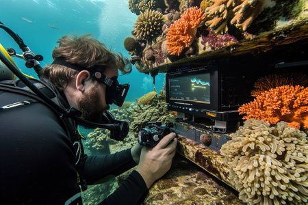 Researchers utilize sophisticated underwater imaging systems to study marine biodiversity, advanced technology in marine exploration and conservation.の素材