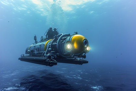 Cutting-edge sonar for mapping systems pierce the ocean's depths. Submersibles, remotely operated vehicles, ROVs, rovers, diving/scuba vehicle.の素材
