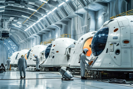 Spacecraft Assembly Line: Workers assembling spacecraft in a cutting-edge facility.の素材
