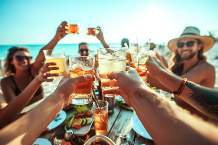 Group of buddies raising a toast during a lively bachelor party at a beachside bar.の素材