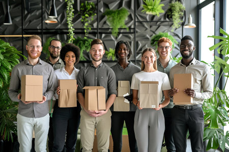 A diverse group of employees in a modern office proudly displaying eco-friendly, biodegradable packaging prototypes.の素材