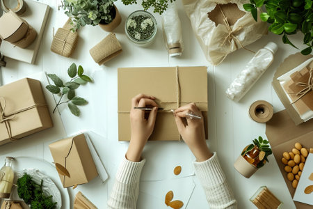 Creative entrepreneur designing innovative zero-waste packaging solutions at a clutter-free desk, packaging in small businesses.の素材