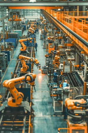 A manufacturing floor utilizing Human-AI collaboration tools for process optimization. Partnership between human skills and AI technology.の素材