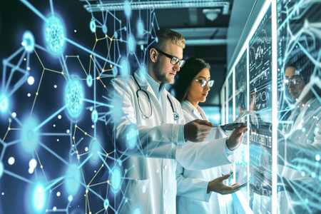 A medical research team using advanced Human-AI collaboration tools to analyze complex data sets.の素材