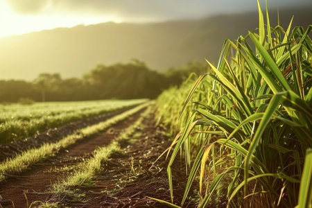 A scenic cane sugar plantation bathed in sunlight, featuring rows of lush sugarcane fields.の素材