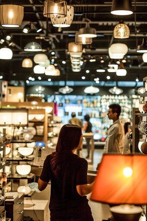 Excitement of customers testing lamps and desk lights, surrounded by lighting fixtures in a well-stocked store.の素材