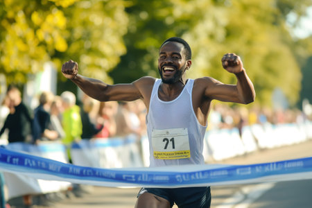 A runner crossing a finish line with a jubilant expression.の素材