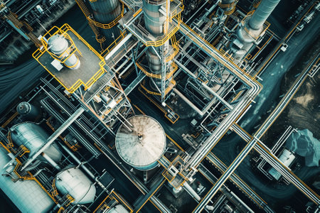 Bustling beet sugar refinery with towering industrial structures, billowing steam.の素材