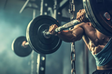 Close-up of a weightlifter lifting heavy weights in a gym.の素材