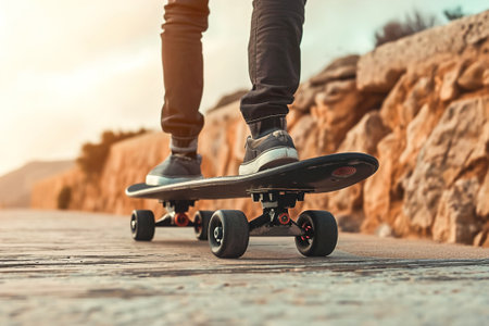 Electric Skateboard with built-in electric motors for propulsion. Close-up look.の素材