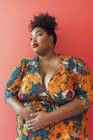 Plus-size models, fashionable poses highlighting the clothing and showcasing various body types.の素材