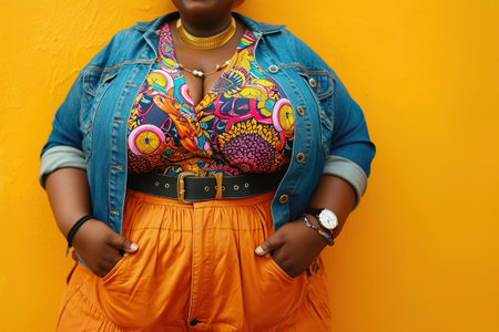 Plus-size models, fashionable poses highlighting the clothing and showcasing various body types.の素材