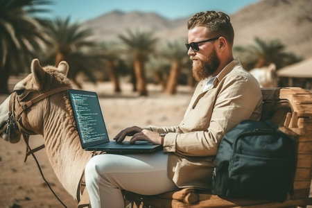 A man programmer riding a camel. Coding sitting on camel with a laptop in the desert. Working remote on computer outdoor.の素材