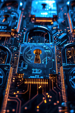 Recognizable symbols like shields, padlocks, firewalls, and antivirus symbols that represent various aspects of digital security.の素材