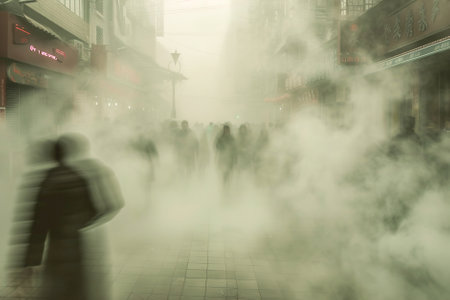Smog settles over the cityscape, streets are hazy maze of blurred outlines, with pedestrians navigating through the dense fog.の素材