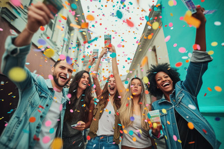 A group of friends celebrating joyfully, holding winning lottery ticket, with confetti in the air, thrill of shared luck.の素材