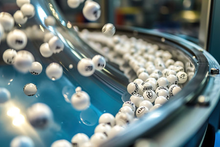 Lottery drawing: A close-up of lottery balls tumbling in a transparent machine, suspense and unpredictability of the draw.の素材